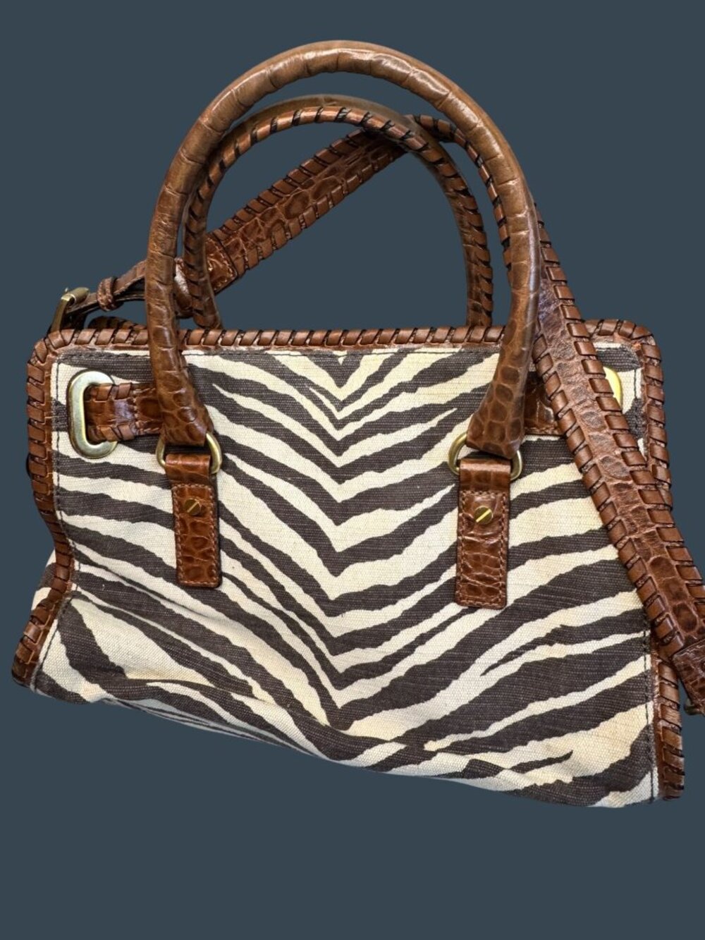 Michael Kors Hamilton Whipped Zebra Canvas Satchel Brown Leather Shoulder Bag - Picture 3 of 13